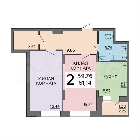 2-к. квартира, 61,1 м², 13/18 эт.