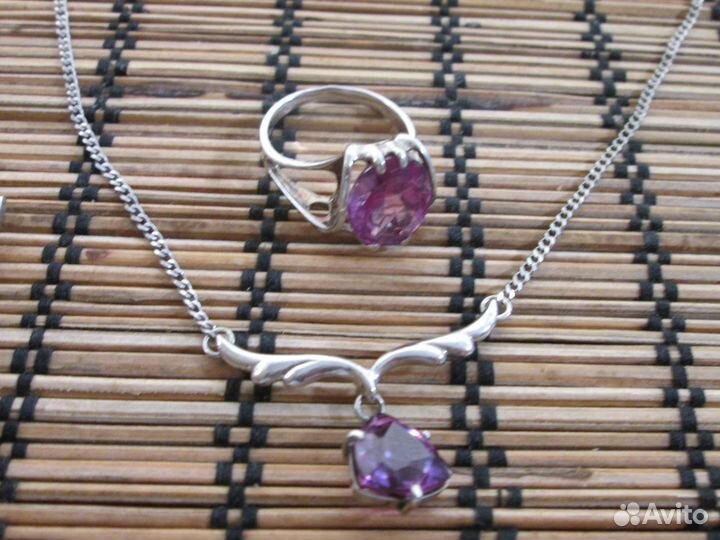 Комплект кольцо серьги колье серебро аметист