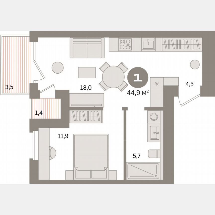 1-к. квартира, 44,6 м², 5/16 эт.