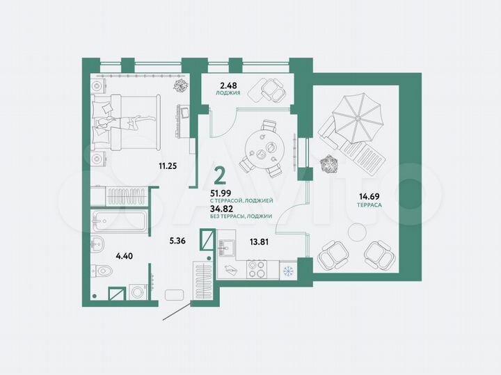 2-к. квартира, 52 м², 13/15 эт.