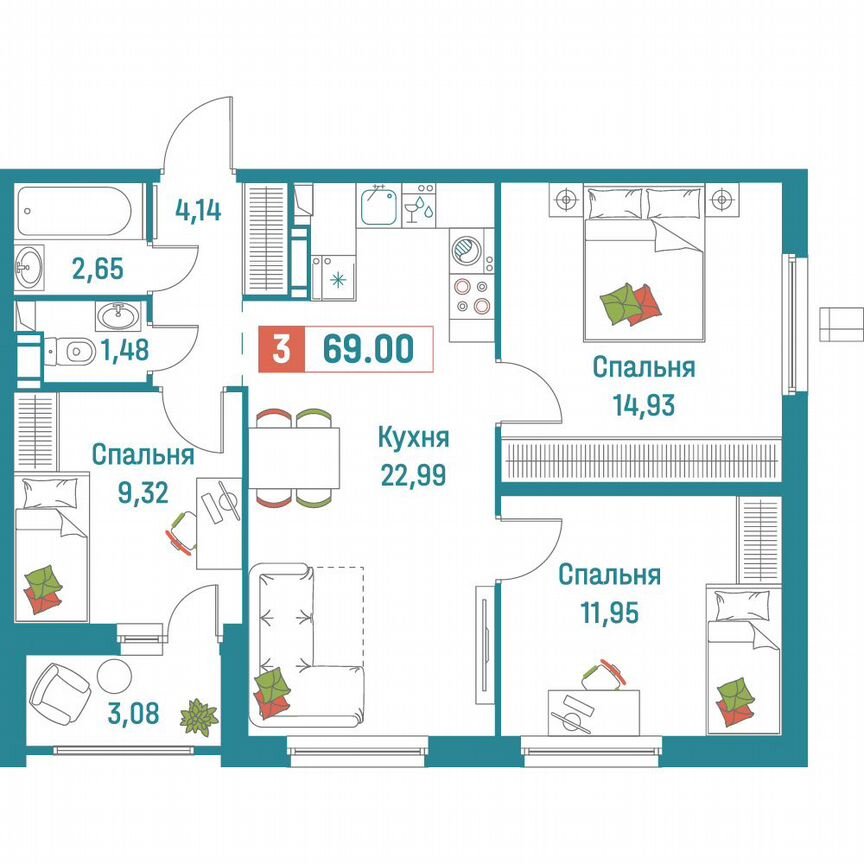 3-к. квартира, 69 м², 7/18 эт.