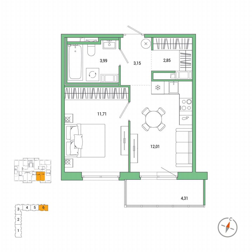 1-к. квартира, 35 м², 6/7 эт.