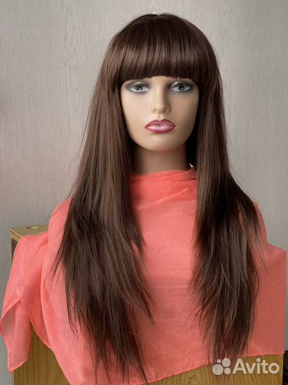 Парик длинный шатен с челкой каскад