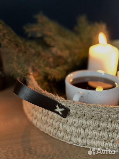 Джутовый поднос для сервировки с кожаными ручками