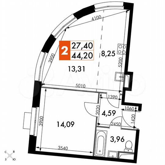 2-к. апартаменты, 44,2 м², 11/15 эт.