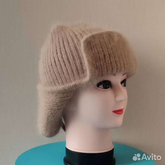 Вязанная шапка-ушанка из пуха норки