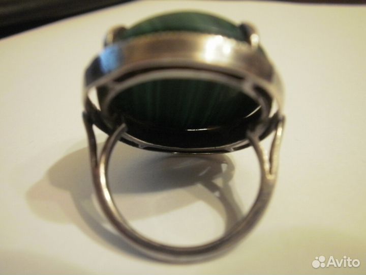 Кольцо крупный малахит серебро Индия 80 винтаж