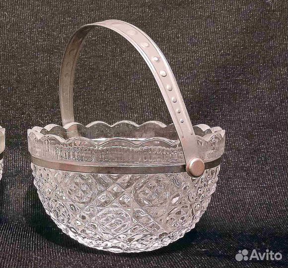 Хрустальная конфетница с металлической ручкой СССР