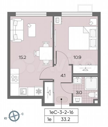 1-к. квартира, 33,2 м², 16/18 эт.
