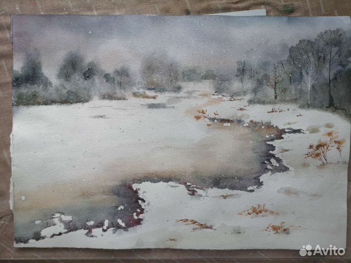 Картина акварелью. Зимний пейзаж