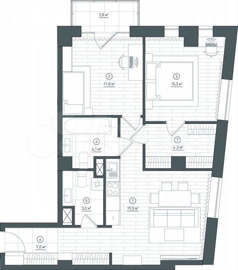 2-к. апартаменты, 59,7 м², 2/8 эт.