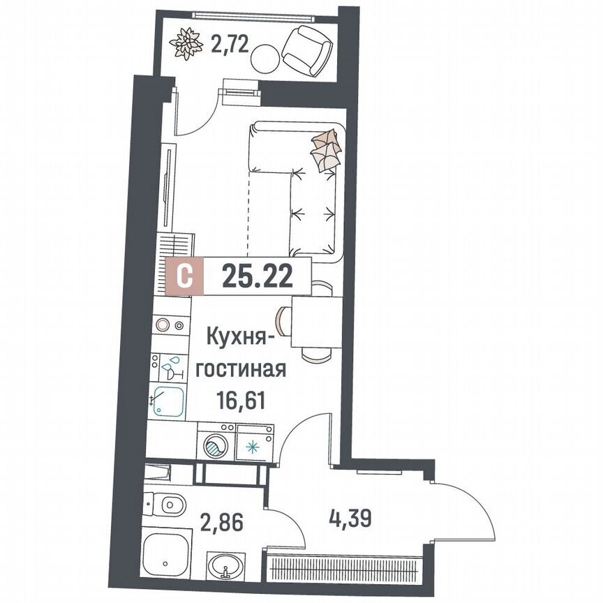 Квартира-студия, 25,2 м², 11/18 эт.