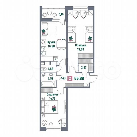 2-к. квартира, 65,9 м², 8/16 эт.