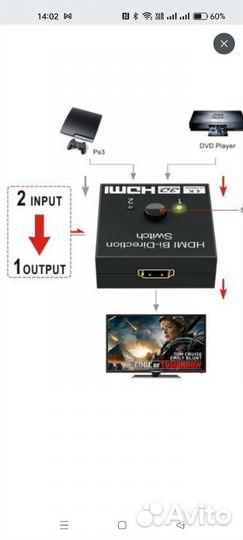 Разветвитель hdmi (Сплиттер-свитчер) 1*2/2*1