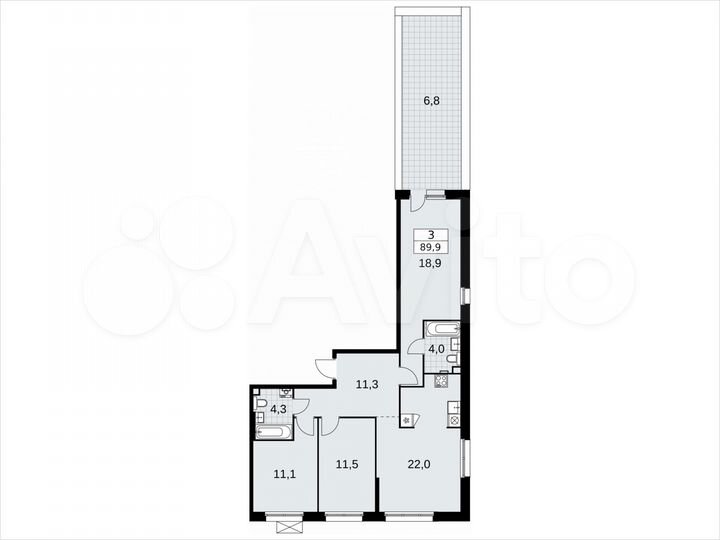 3-к. квартира, 89,9 м², 2/12 эт.