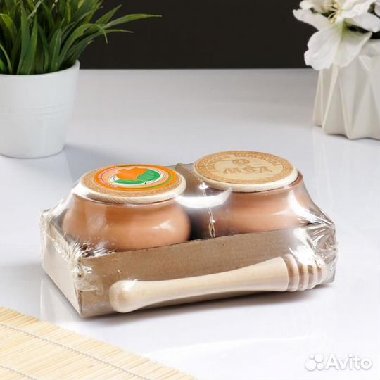 Набор для меда №2 (0,25л + ложка для мёда), бежевы