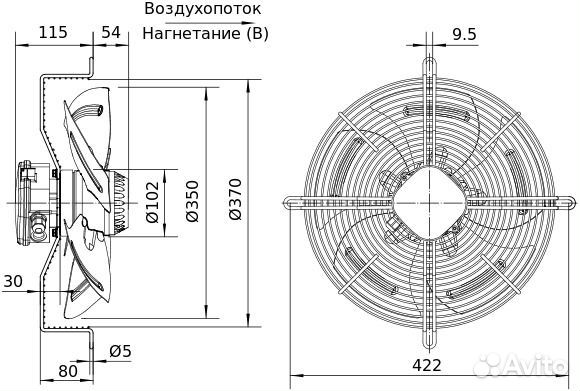 Вентилятор осевой нагнетающий YWF4E-350B-102/34-G