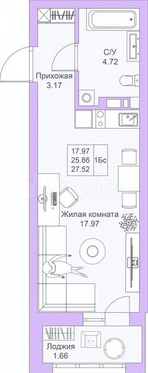 Квартира-студия, 27,5 м², 13/25 эт.