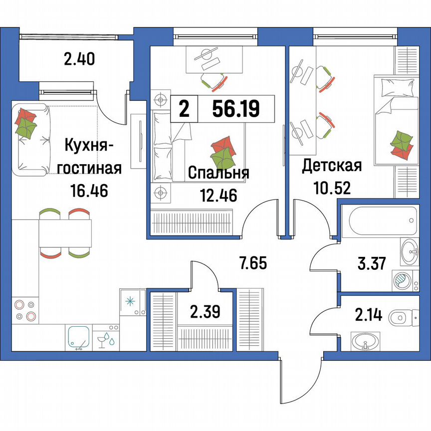 2-к. квартира, 56,2 м², 2/16 эт.