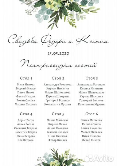 План рассадки гостей на любое торжество, свадьбу