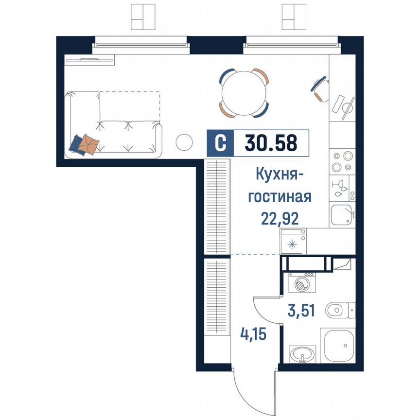 Квартира-студия, 30,6 м², 13/18 эт.