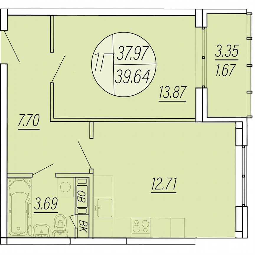 1-к. квартира, 39,6 м², 4/4 эт.