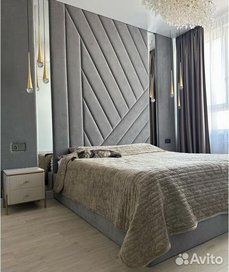 Кровать и мягкая стеновая панель