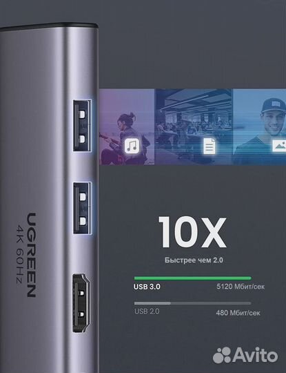 Ugreen 6 в 1 (хаб), 2 х USB 3.0/hdmi/SD/TF/PD