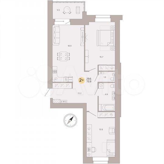 2-к. квартира, 73,9 м², 9/9 эт.