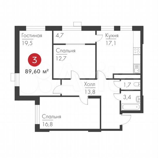 3-к. квартира, 89,6 м², 4/19 эт.