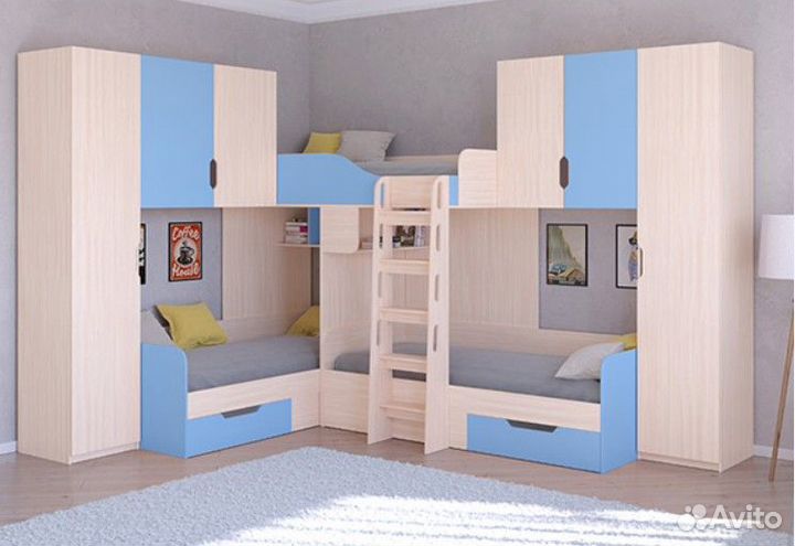 Кровать Трио со шкафами Дуб Молочный/ Салатовый