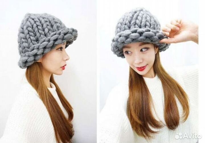 Шапка крупная вязка, светло-серый