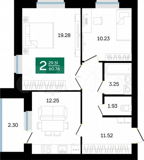 2-к. квартира, 60,8 м², 8/10 эт.