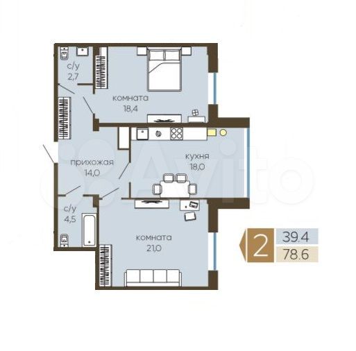 2-к. квартира, 79,3 м², 2/15 эт.