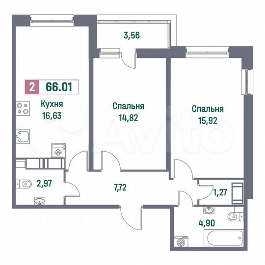 2-к. квартира, 66 м², 12/16 эт.