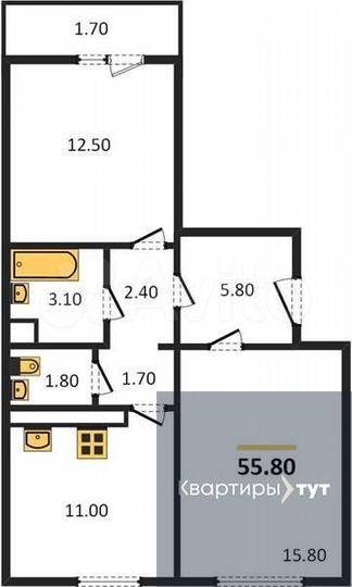 2-к. квартира, 55,8 м², 3/17 эт.