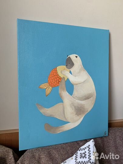 Картина кот с золотой рыбкой 40х50 холст