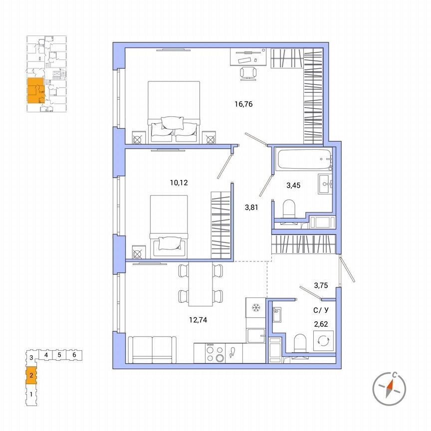 2-к. квартира, 53,3 м², 1/7 эт.