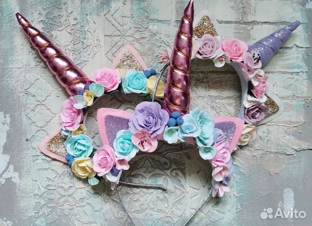 Ободок единорожки с цветами