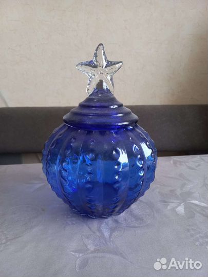 Ваза салатница конфетница цветное синее стекло