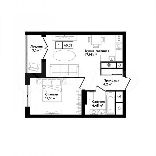 1-к. квартира, 40 м², 23/25 эт.