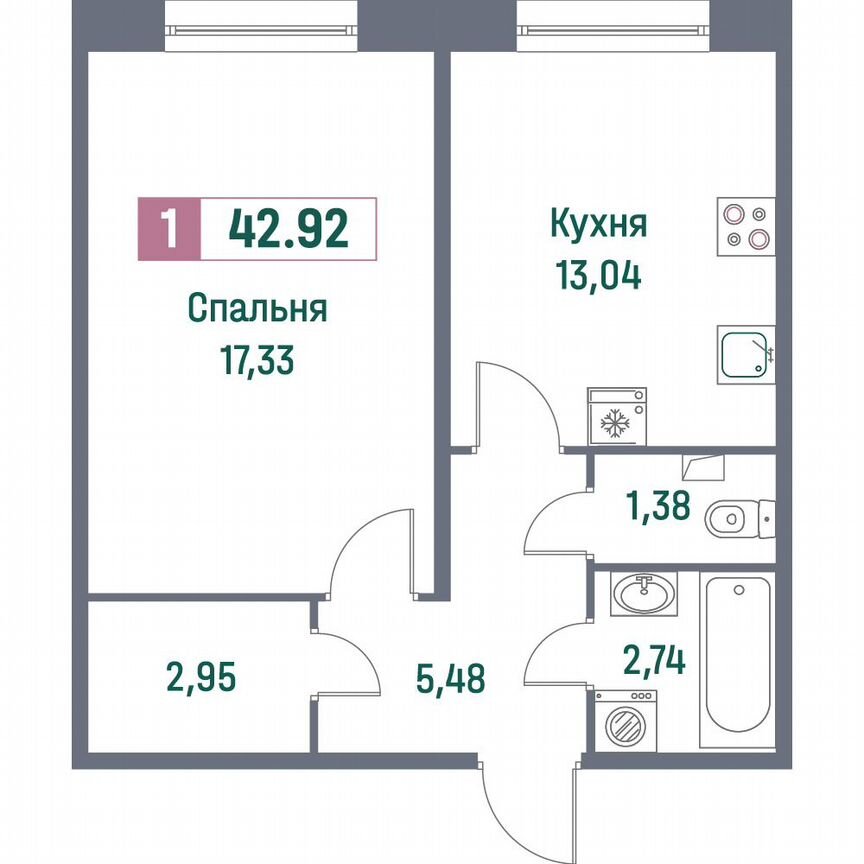 1-к. квартира, 42,9 м², 1/16 эт.