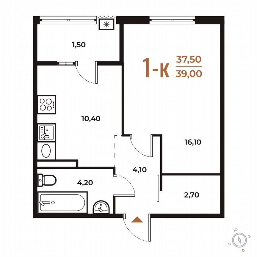 1-к. квартира, 39 м², 6/8 эт.