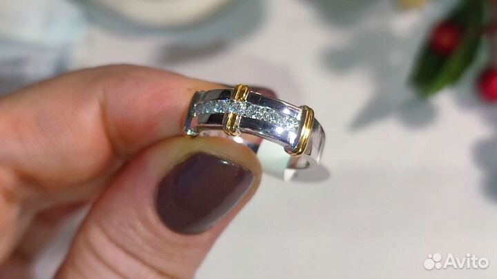Кольцо муассаниты 7 шт*0,1ct. 925/позолота двутон