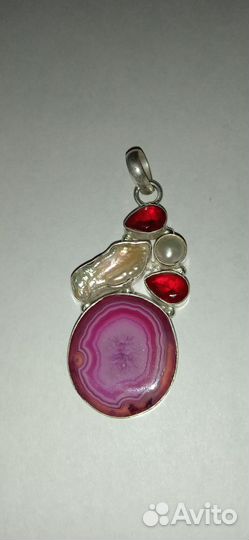 Кулон кварц жемчуг гранат серебро 6 см