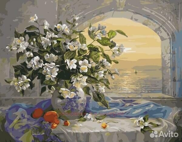 Картина по номерам 40x50 Букет жасмина у окна с ви