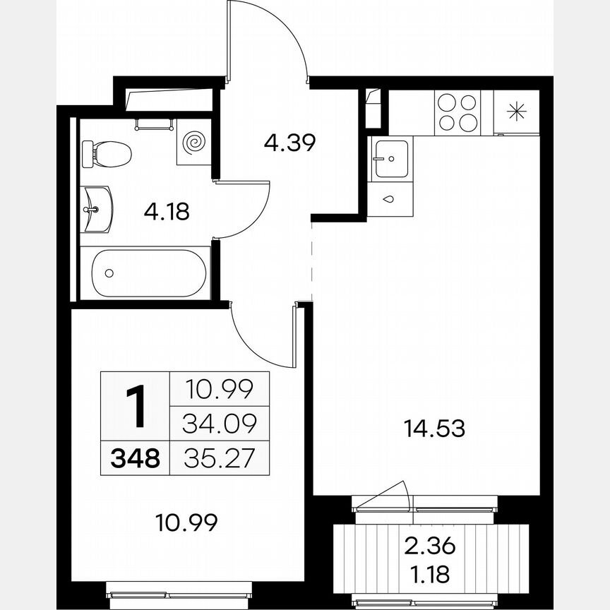 1-к. квартира, 35,3 м², 6/9 эт.
