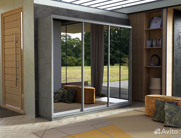 Шкаф купе в цвете бетон, зеркальный