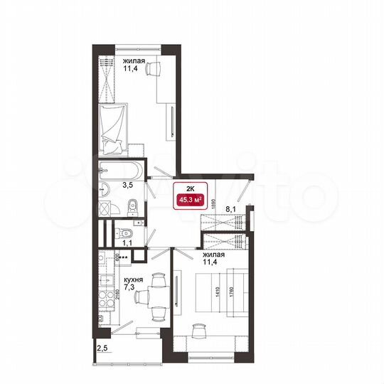 2-к. квартира, 45 м², 3/4 эт.