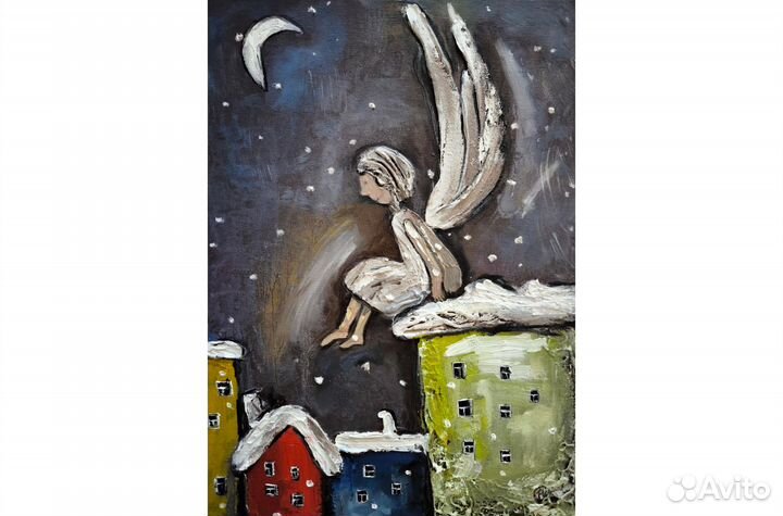 Картина Ангел Хранитель город маслом 35х25на заказ